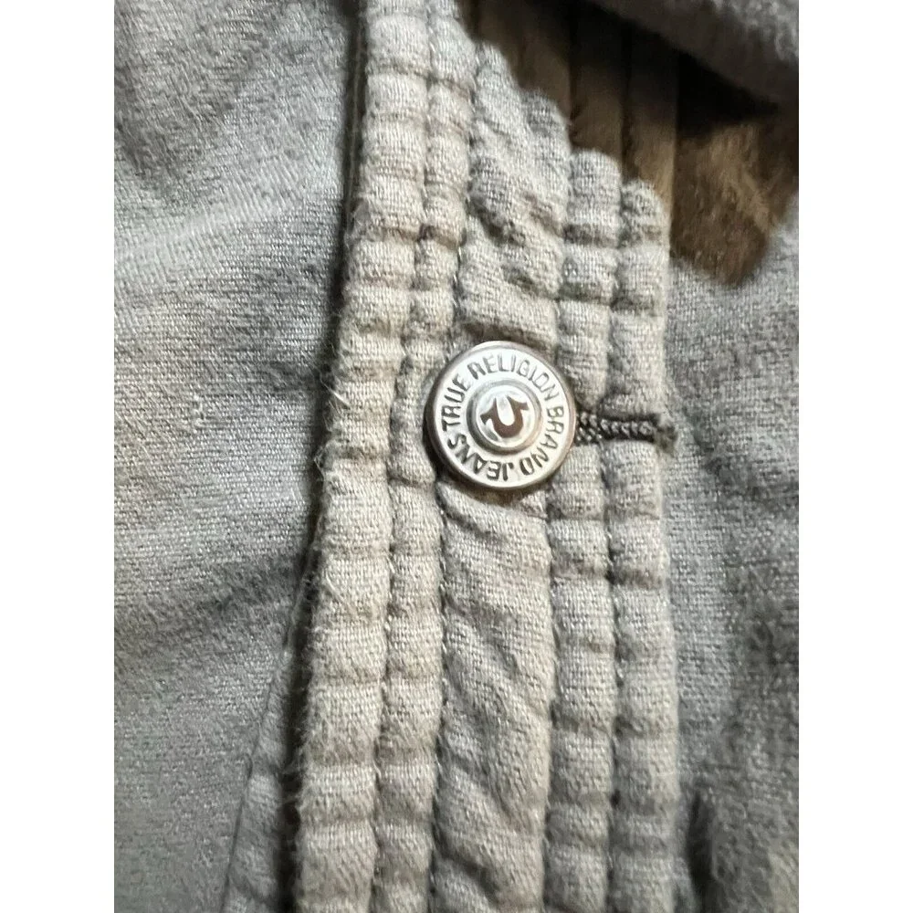 True Religion Chamois Button Up Shirt‎ Men's Medium Beige Snap Long Sleeve.